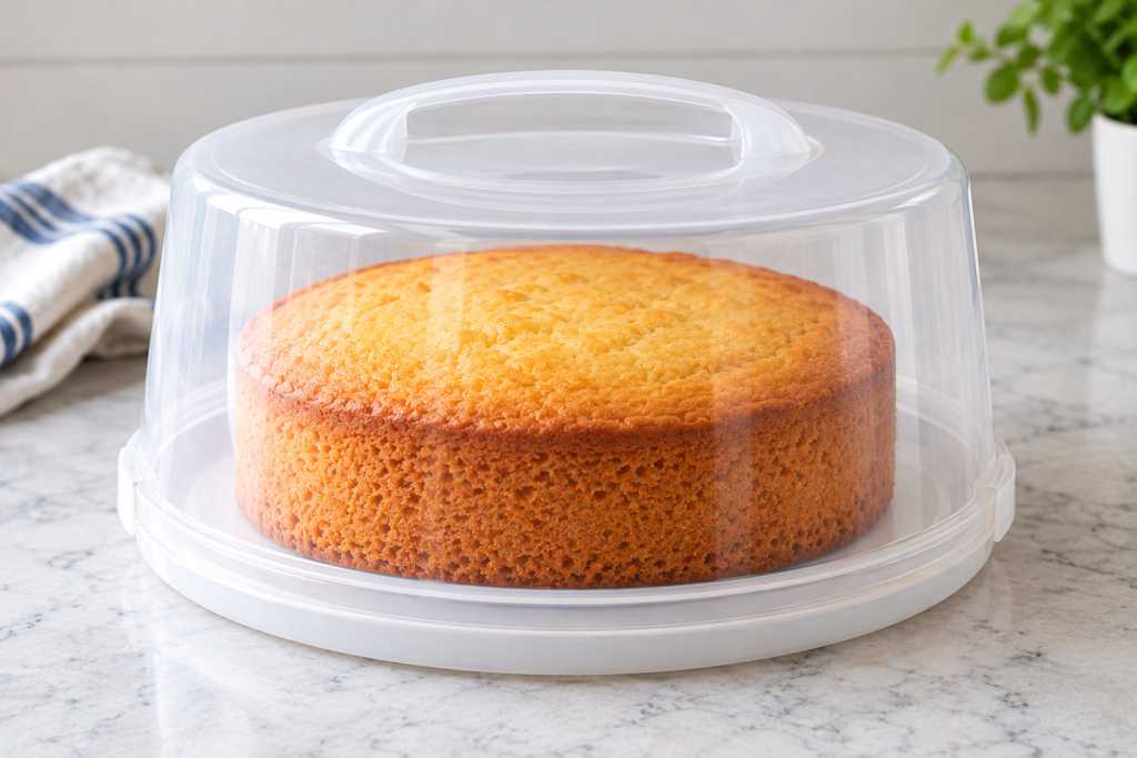 Freshly baked cake stored in a clear cake storage container