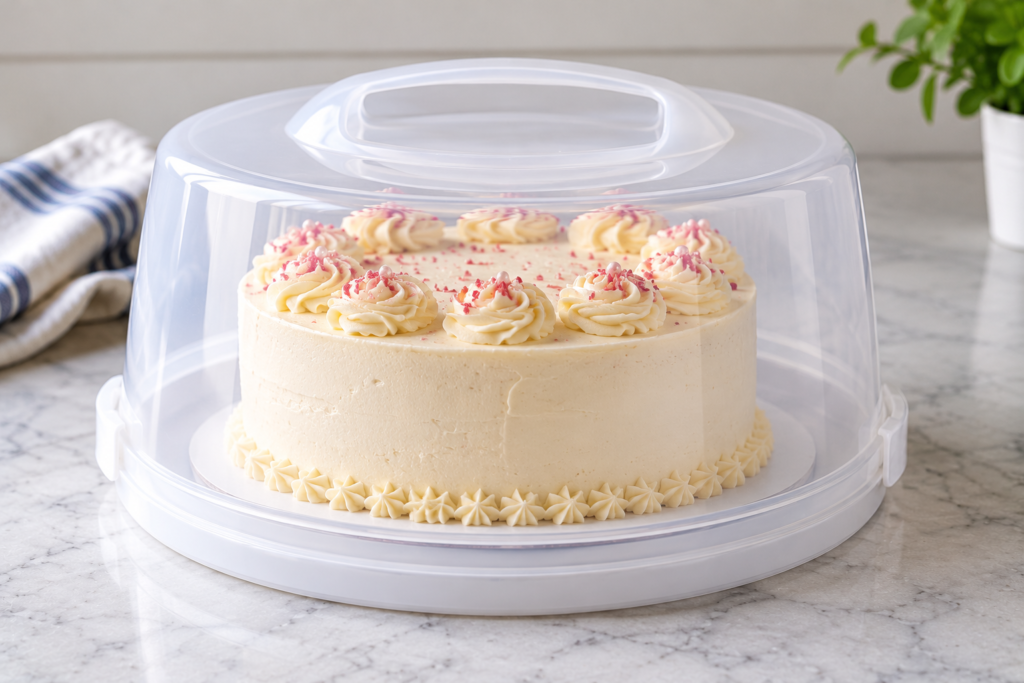 Frosted cake protected inside a clear cake carrier to prevent damage to its decorations.
