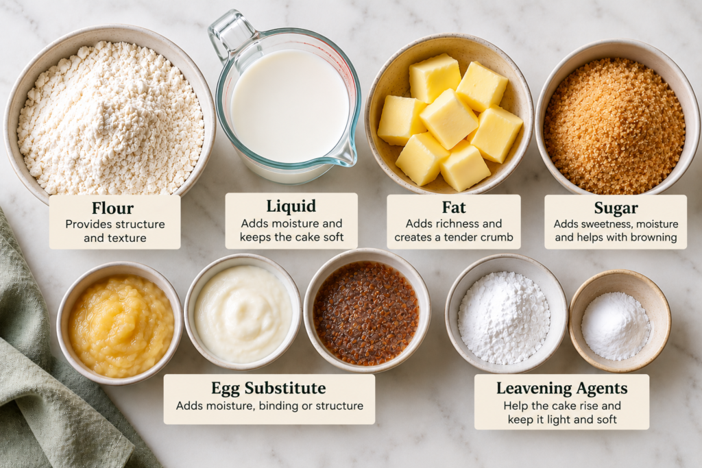 Key ingredients for a soft and moist eggless cake