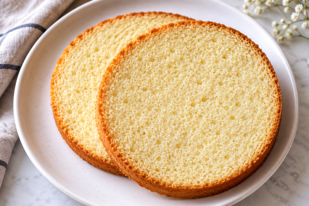 Two slices of vanilla sponge cake showing a soft, even crumb