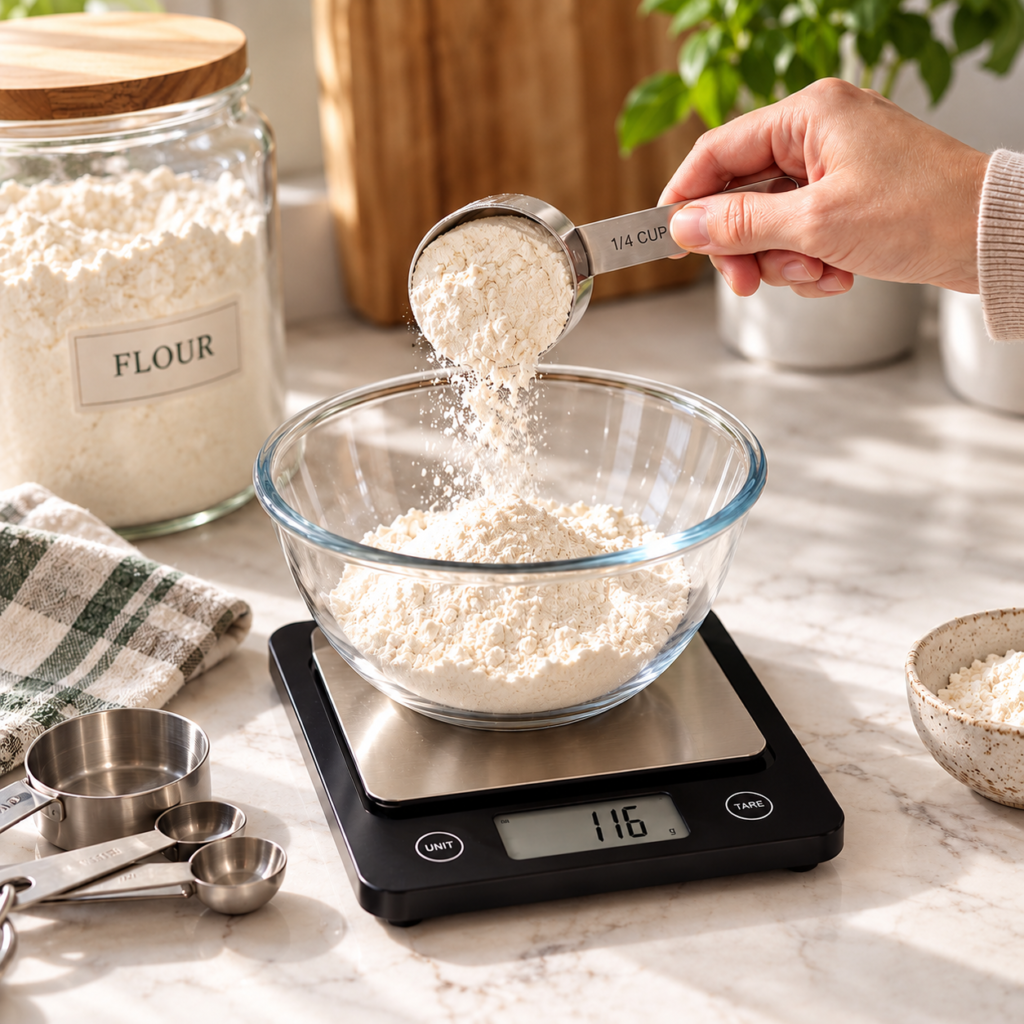 Measuring flour on a kitchen scale for consistent eggless baking
