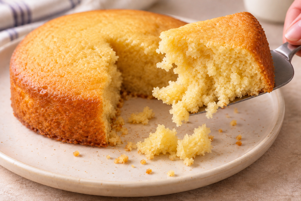 Moist eggless cake slice breaking apart as it is lifted, revealing a delicate crumb.