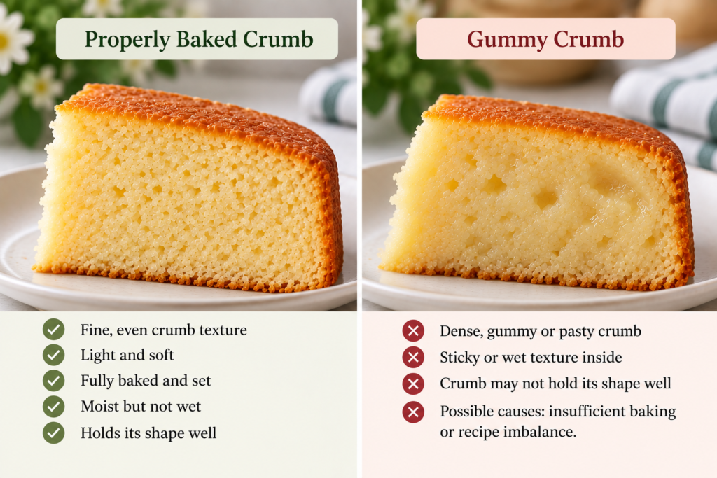 Comparison of a properly baked eggless cake crumb and a dense, gummy cake crumb