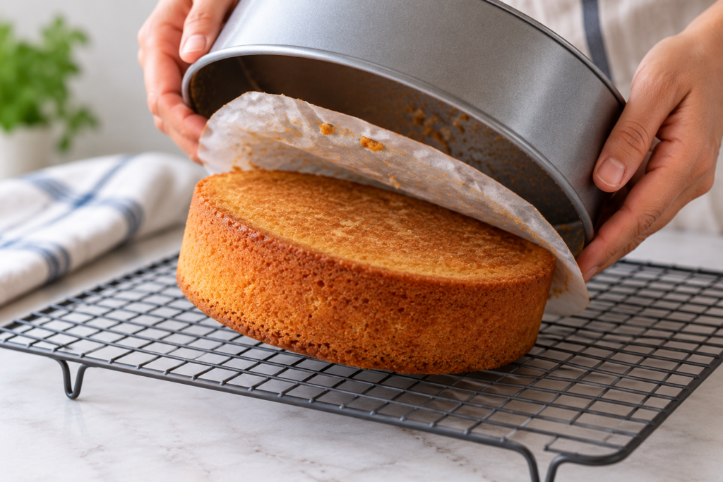 Turning a cake out of its baking tin onto a wire cooling rack