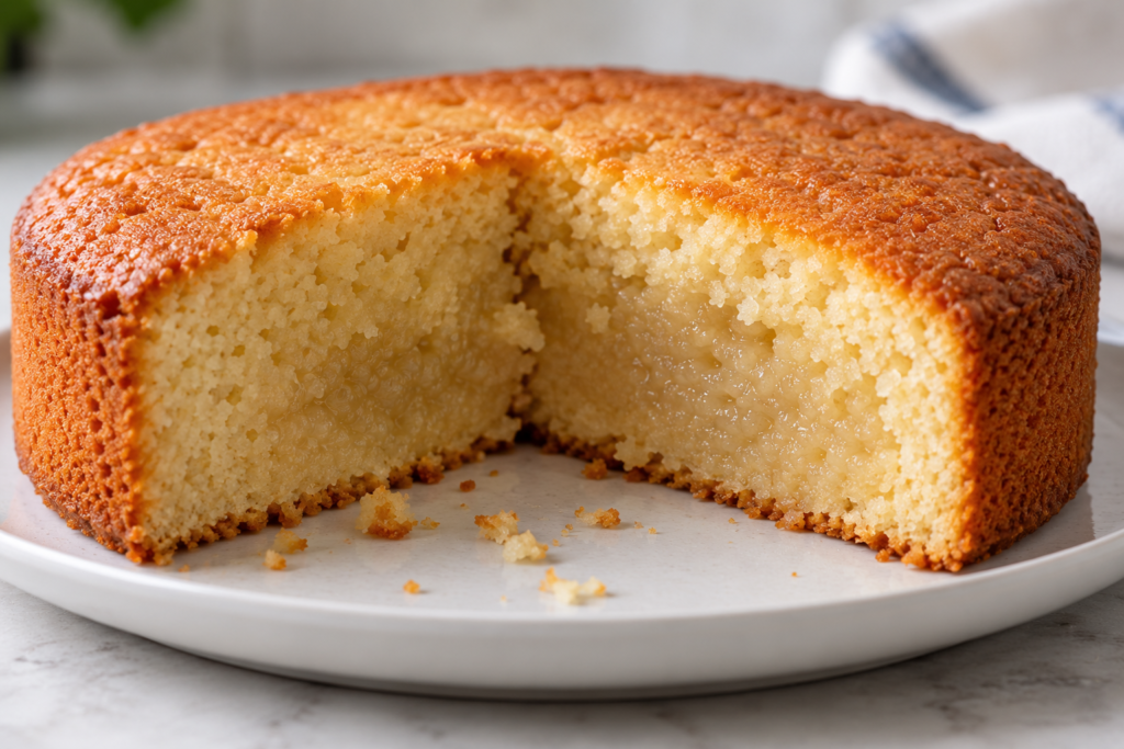 Cut cake showing a visibly damp centre that may indicate underbaking