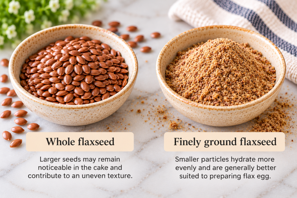 Finely ground flaxseed and prepared flax egg gel beside a slice of cake