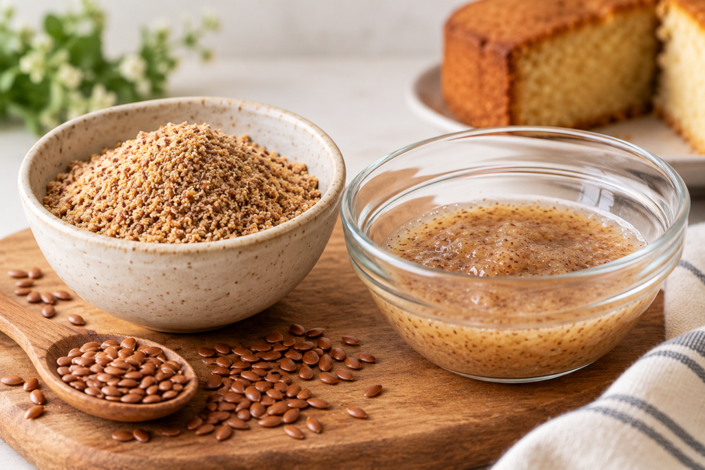 Finely ground flaxseed and prepared flax egg gel for eggless cake baking