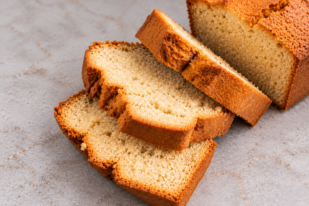 Slices of eggless cake showing a dry, crumbly texture
