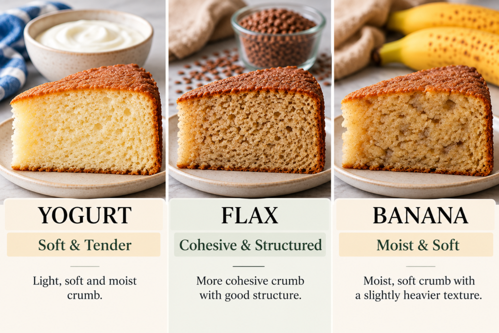Yogurt, flax and banana eggless cake texture comparison
