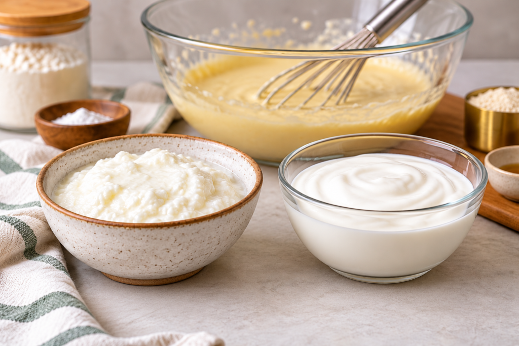 Plain Indian curd and unsweetened dairy-free yogurt as alternatives for an eggless cake.