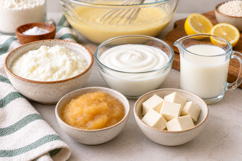 Bowls of Indian curd, dairy-free yogurt, milk, applesauce and silken tofu as yogurt substitutes for eggless cakes.