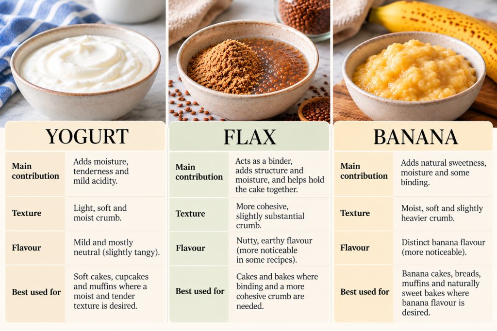 Yogurt, flax and banana comparison for eggless baking