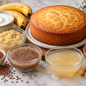 Eggless cake with common egg substitutes including yogurt, banana, flaxseed, aquafaba and starch