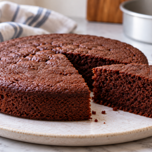 Eggless chocolate cake with a soft crumb that has not risen properly