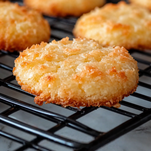 Almond coconut cookies on a wire rack, soft chewy cookies with toasted coconut and almond bits, homemade almond coconut cookies, gluten-free almond coconut treats, baked almond and coconut cookies with golden crust.