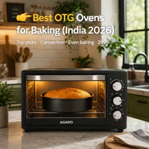 Black OTG oven with baked cake inside, placed on a marble kitchen countertop, ideal for baking at home in India 2026.