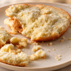 Broken eggless cake showing a crumbly texture and loose crumbs on a plate.
