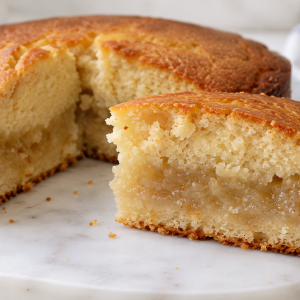 Eggless cake sliced to show a gummy, sticky centre
