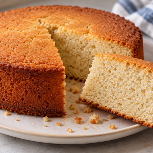 Eggless sponge cake with a firm, dry crumb and browned edges after cooling