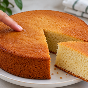 Finger gently touching the slightly sticky top of an eggless sponge cake with a cut slice showing the crumb
