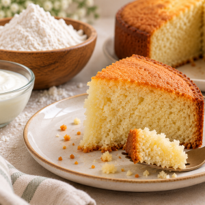 Slice of eggless cake with a forkful of cake, flour and a bowl of curd