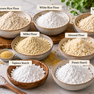 Gluten-free baking flours and starches, including brown rice flour, white rice flour, sorghum flour, millet flour, almond flour, tapioca starch and potato starch.