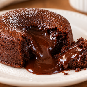 Gluten-free eggless chocolate lava cake cut open to reveal a flowing melted chocolate centre.