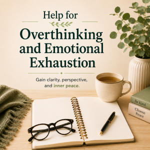 Help for overthinking and emotional exhaustion with journal, tea cup, plant, and guidance for finding inner peace.
