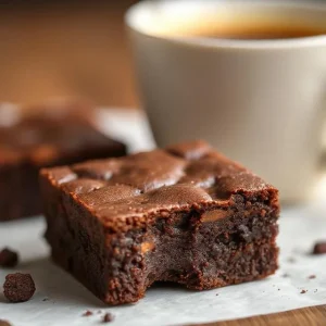 Close-up of a rich chocolate brownie with a cup of coffee in the background, ideal for dessert or afternoon snack.