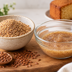 Finely ground flaxseed and prepared flax egg gel for eggless cake baking