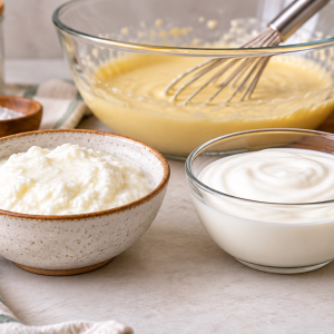 Plain Indian curd and unsweetened dairy-free yogurt as alternatives for an eggless cake.
